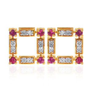 Boucles d'oreilles clous de créateur en diamant et rubis de culture, or jaune 18 carats, bijoux fins géométriques, boucles d'oreilles de luxe pour femmes, vente en gros - Product Image 1