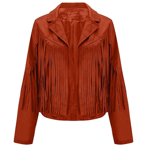 Custom Women's Brown Suede <b>Fringed</b> Motorcycle <b>Jacket</b> Turn-Down Collar Full Sleeve Short Length Solid Color Autumn Style - Product Image 1