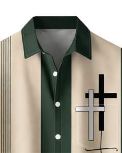 Camisa de Manga Corta con Botones y Estampado de Cruz Verde Oscuro y Beige, Estilo Casual de Verano para Hombre, Fabricante OEM, Suministro al por Mayor - Product Image 5