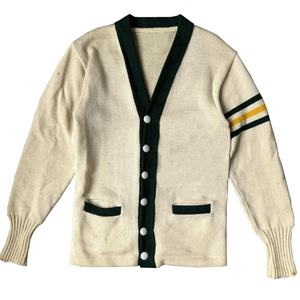 Men's Cream V-Neck Cardigan With Black Trim And <b>Yellow</b> Stripe Sleeve Full Sleeve Cotton Knit Sweater Autumn Wear - Product Image 1