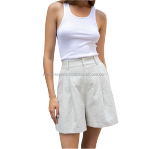 Pantalones cortos de verano plisados de cintura alta personalizados para mujer algodón suave Lino cómodo estilo informal tejido en los últimos colores sólidos - Product Image 1