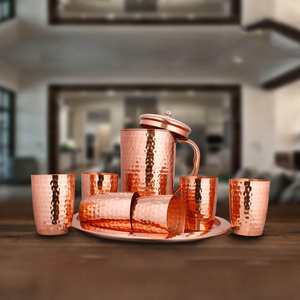 Copper Hammered Jug <b>Set</b> with 6 Glasses and Tray Elegant <b>Beverage</b> <b>Serving</b> Accessories - Product Image 2