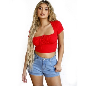 Short en jean taille haute pour femme avec broderie cerise, décontracté, bleu délavé, coupe droite - Product Image 4