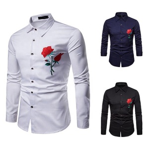 Chemise habillée brodée motif rose pour homme, manches longues, style décontracté chic, blanc, marine, noir, motif floral frontal, en popeline, col rabattu - Product Image 1