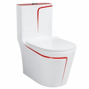 Inodoro Contemporáneo de Una Pieza con Línea Decorativa Roja, Descarga por Arrastre, Montado en el Suelo - Product Image 1