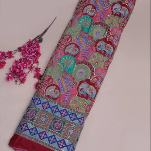 Red Multicolour Natural Crepe Floral Buta Placement Print Fabric with Heavy Ornamental Border for Ethnic Wear Kurti Material - Product Image 1