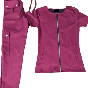 Ensemble de blouses médicales bleu marine pour femmes, haut à col en V avec poche zippée et pantalon cargo, uniformes d'hôpital, tissu tricoté en coton et polyester - Product Image 3