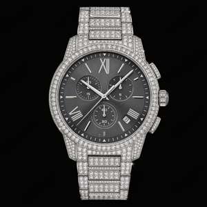 Montre Chronographe Diamant Argenté de Luxe pour Homme, Cadran Gris, Bracelet Sertie de Diamants, Bijou de Mode Premium, Accessoire Cadeau - Product Image 1