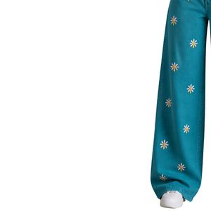 Vaqueros anchos de mujer con bordado floral en color verde azulado, de cintura alta, corte holgado, estilo baggy, pantalones de mezclilla informales para streetwear, personalizados OEM. - Product Image 3