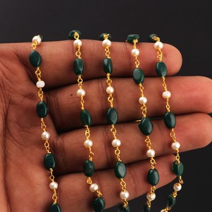 Chaînes de prière tendance en perles d'émeraude hydro et de perles de culture, rouleaux de perles ovales vertes de 6 mm de qualité supérieure, chaînes plaquées or pour bijoux - Product Image 5