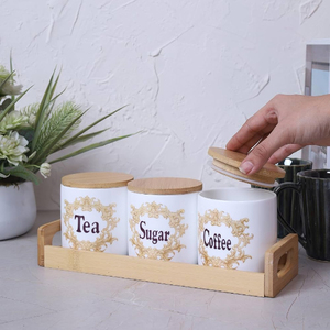 Ceramic Food <b>Storage</b> <b>Containers</b> With Floral Design Airtight Plastic Lids Stackable For <b>Kitchen</b> Use With Spoons Included - Product Image 4