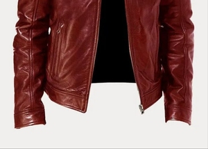 Men's <b>Burgundy</b> maroon <b>Leather</b> Moto <b>Jacket</b> Stand Collar Zipper Closure Slim Fit Regular Sleeve Autumn Solid Color - Product Image 5
