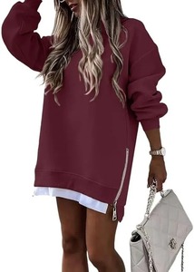 Women's Oversized Crew Neck Sweatshirt Long Sleeve <b>Zipper</b> Asymmetric Design Solid Color Knitted 100% Cotton Front Pullover - Product Image 4