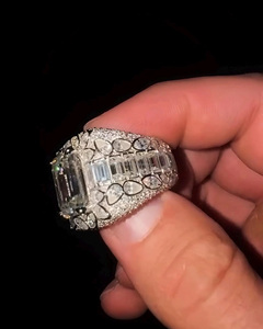 Iced Out <b>Emerald</b> Cut Diamond Statement <b>Ring</b> Wide Baguette & Pavé Diamond Band Vintage Art Deco Style <b>silver</b> Gift Platinum <b>rings</b> - Product Image 2