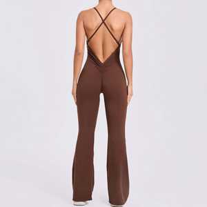 Mono de yoga de una pieza para chicas altas, con efecto fruncido en los glúteos, pantalones acampanados, ropa deportiva con logo personalizado - Product Image 6