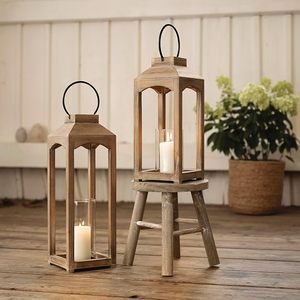 Natural Wood Decorative <b>Lantern</b> <b>Set</b> Farmhouse Candle Holder <b>Lanterns</b> with Glass Panels for Home Wedding Decor - Product Image 1