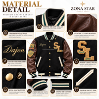 ZONA STAR Blouson universitaire unisexe en laine avec manches en cuir véritable marron foncé, patch brodé, réversible, doublure polaire, col montant