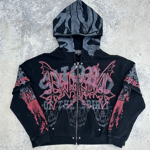 Tùy Chỉnh Cổ Điển Axit Rửa Zip Lên Áo Áo 100% Bông Rhinestone Hip Hop Windproof Thêu In Studded Nặng - Product Image 1