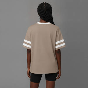 Top Trending Women's Beige V-Neck Short Sleeve T-<b>Shirt</b> With <b>Flame</b> Logo Loose Fit Casual Spring Summer Wear 100% Cotton Jersey - Product Image 3