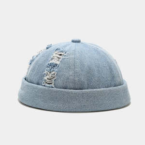 Custom Ripped Distressed Denim Docker <b>Cap</b> <b>Brimless</b> Rolled Cuff Beanie Hat 100% Cotton Adjustable Outdoor OEM Wholesale Unisex - Product Image 4