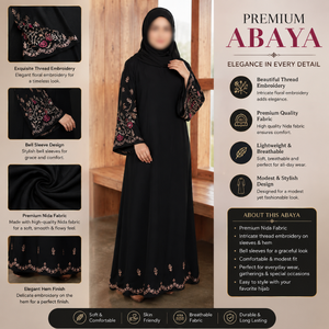 Elegante Abaya Negra |   Vestido Nida con Mangas de Campana y Bordado Floral, Ropa Islámica Modesta, Vestido Largo para Mujeres Musulmanas, Diseño de Moda - Product Image 5