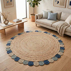 Tapis rond en jute tressé de 120 cm avec bordure à franges bleues, tapis de sol décoratif en fibres naturelles - Product Image 1