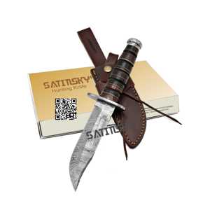 Cuchillo de caza de Damasco con madera negra Pakka y mango de madera de rosa y acero de vaina: 1095 + 15N20 Alto carbono - Product Image 4