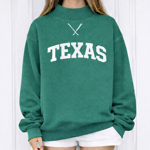 Sudadera de cuello redondo con estampado de letras Texas para mujer, verde, de punto, manga larga, otoño, corte regular, 100% algodón - Product Image 1