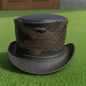 Sombrero de copa de cuero negro hecho a mano de primera calidad, personalizado con logotipo grabado e impreso con UV, estilo gótico, fantasía, steampunk, cosplay. - Product Image 2