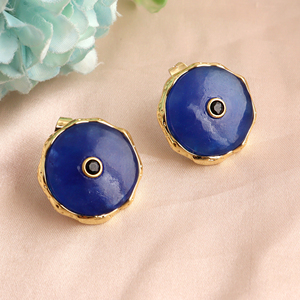 designer blue jade round <b>stud</b> <b>earrings</b> with <b>black</b> cubic zirconia gold plated textured brass modern statement jewelry for women - Product Image 6