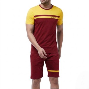 Conjunto Deportivo de Dos Piezas para Hombre, Camiseta y Pantalones Cortos Bermuda, Color Borgoña Amarillo, Transpirable, 100% Algodón, para Verano - Product Image 4