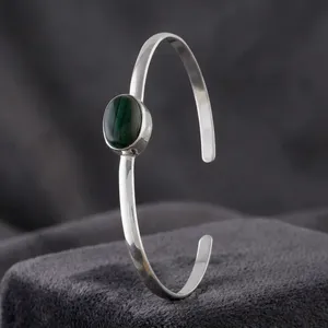 925 Sterling Silver Green Malachite Cuff Bangle Bracelet Oval Gemstone Minimalist Handmade Women’s Everyday Jewelry - Product Image 4
