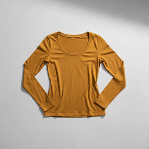 T-shirt en tricot à manches longues et col rond jaune moutarde pour femme, décontracté, respirant, couleur unie, produit le plus vendu - Product Image 2