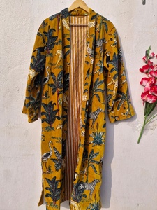 Yellow Jungle Print Velvet Kimono <b>Robe</b> Handmade Tea <b>Coat</b> Velvet Tiger Print Kimono <b>Robe</b>: Handmade Velvet Cotton Blend Nightwear - Product Image 3