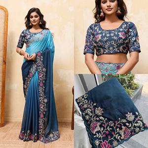 Sari de Diseño con Bordado Floral para Mujer, Sari de Georgette Suave para Fiestas y Bodas con Blusa a Juego, Venta al Por Mayor - Product Image 6
