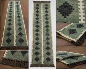 Boho <b>Green</b> Wool Jute <b>Runner</b> Rug Handmade Scandinavian Kilim <b>Carpet</b> Custom Farmhouse Corridor Hallway Entryway Floor - Product Image 3