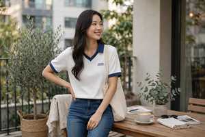 เสื้อโปโลแขนสั้นผู้หญิง คอวี คอปกสีตัดกัน สไตล์พรีปปี้ - Product Image 6