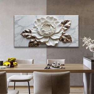 Arte Mural Clásico de Lujo Suconvng para Sala de Estar, Textura de Mármol, Flor Blanca, Lienzo Ecológico con Impresión UV, Decoración para el Hogar - Product Image 3