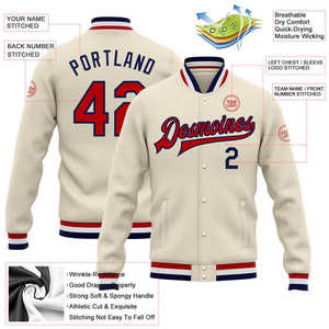 Custom <b>Men's</b> <b>Cream</b> Varsity <b>Jacket</b> With Red Blue Trim Personalized Name Number Front Logo Patch Design Autumn Casual Wear - Product Image 2