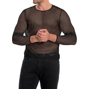 Chemise en maille noire à motif nid d'abeille, manches longues, en polyester extensible, coupe ajustée, légère, style gothique, haute qualité, pour hommes - Product Image 3