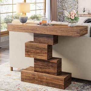 Mesa Consola Moderna de Madera Maciza con Base de Pedestal, Diseño Rústico, Mueble para Entrada o Sala de Estar - Product Image 3