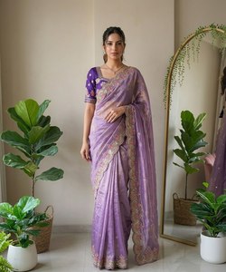 <b>Purple</b> Silk <b>Saree</b> Embroidered Floral Traditional Wedding Sari for Women Party Dress - Product Image 3