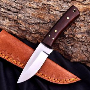 Couteau de chasse et de camping à lame fixe en acier inoxydable, manche en bois de rose, lame pleine longueur, bord biseauté, personnalisable OEM/ODM, avec étui en cuir - Product Image 1