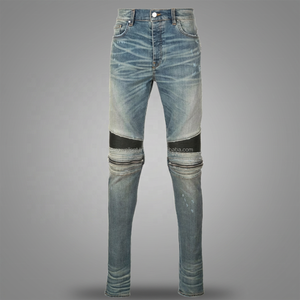 European American High Street Style Polyester/Cotton Patch Zipper Biker Small Foot Slim Fit Stretch Stonewashed <b>Winter</b> Mid <b>Jeans</b> - Product Image 3