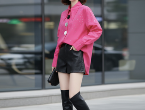 Camisa de Mujer con Botones y Estampado de Lunares Rosas, Manga Larga, Corte Holgado, Informal, para Uso Diario, Blusa de Popelina Tejida con Botones Decorativos - Product Image 1