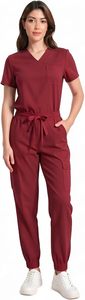 Ensemble de blouses médicales pour femmes, couleur bordeaux, manches courtes, col en V, coton et polyester, tricoté, uniforme d'hôpital pour les professionnels de la santé - Product Image 3