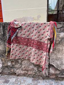 Bohemian Vintage Block Print Cotton Kantha <b>Quilt</b> Reversible Handmade Bed Cover <b>Throw</b> Blanket - Product Image 4