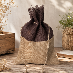 Pochette en jute à cordon de serrage bicolore effilochée avec logo personnalisé 25x34 cm, sac d'emballage cadeau en toile de jute, vente en gros, fabricant OEM, exportateur - Product Image 6