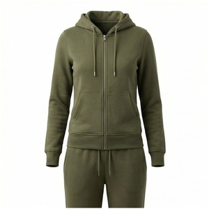 <b>Women</b> Olive Green Hooded <b>Zip</b>-Up Sweatshirt With Side Pockets Full Sleeve Casual Tracksuit <b>Top</b> Autumn Midweight Cotton Jacket - Product Image 1
