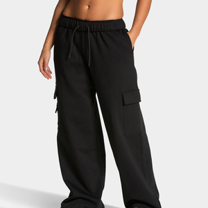 <b>Women's</b> <b>Black</b> Loose Cargo Sweatpants Elastic Waist Fleece Full Length Casual Pants <b>With</b> Utility <b>Pockets</b> Autumn Wear - Product Image 2